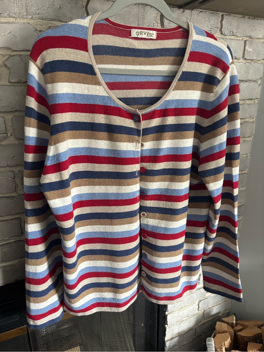 Orvis Striped Button-Front Cardigan in Red, Blue, Tan, Cream